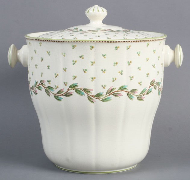 ANTIQUE 19TH C. STONEWARE BUCKET SIGNED MINTONS: Late nineteenth century stoneware ice bucket signed Mintons "Abington" and having hand-highlighted transfer decoration. Ht: 12" Width: 13" Depth: 10.5"