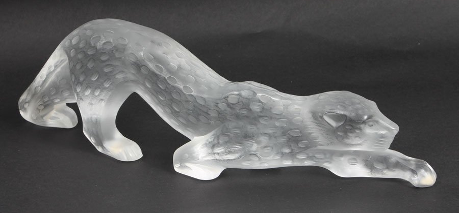 LALIQUE CRYSTAL GLASS PANTHER ZEILA SIGNED: A Lalique crystal glass panther entitled "Zeila" #11652, signed 'Lalique France.' Also having a sticker that reads 'Lalique, Paris.' Ht: 14.5"