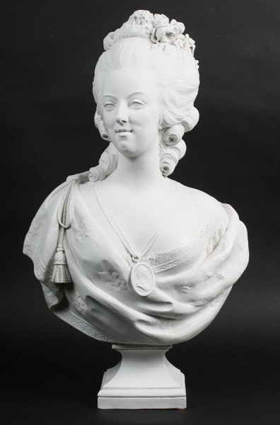 LARGE ANTIQUE PARIAN BUST MARIE ANTOINETTE MARKED: A large Parian bust of Marie Antoinette marked "LeConte" en verso circa 1910. Ht: 29.5" Width: 17" Depth: 10.75"