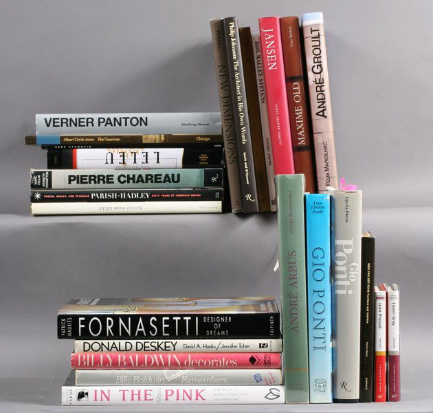 A collection of twenty-five books featuring promin: A collection of twenty-five books featuring prominent furniture designers including Jansen, Leleu, Gio Ponti and Fornasetti. Lot includes twenty-three hard back covers and two soft back covers.