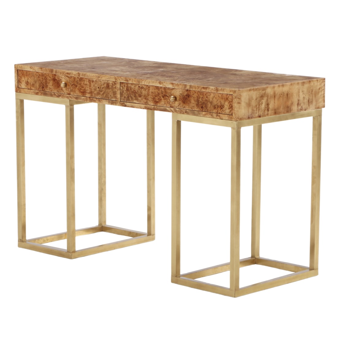 BURL OLIVEWOOD AND BRASS ITALIAN WRITING DESK C 1970 HAVING TWO DRAWERS. (1 of 7)