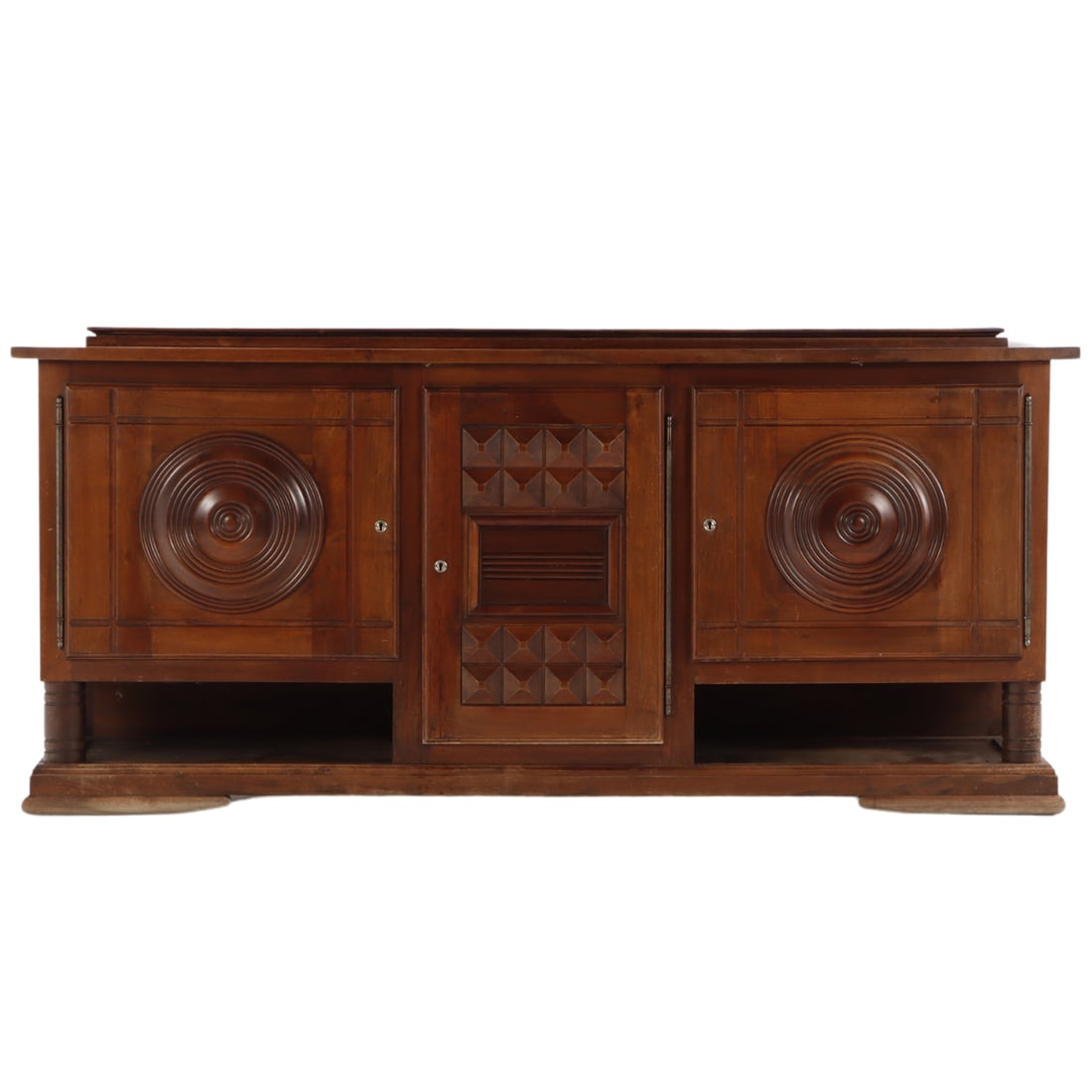 FRENCH OAK SIDEBOARD HAVING THREE DOORS AND WITH GEOMETRIC MOTIFS BY DUDOUYT C 1940. (1 of 10)