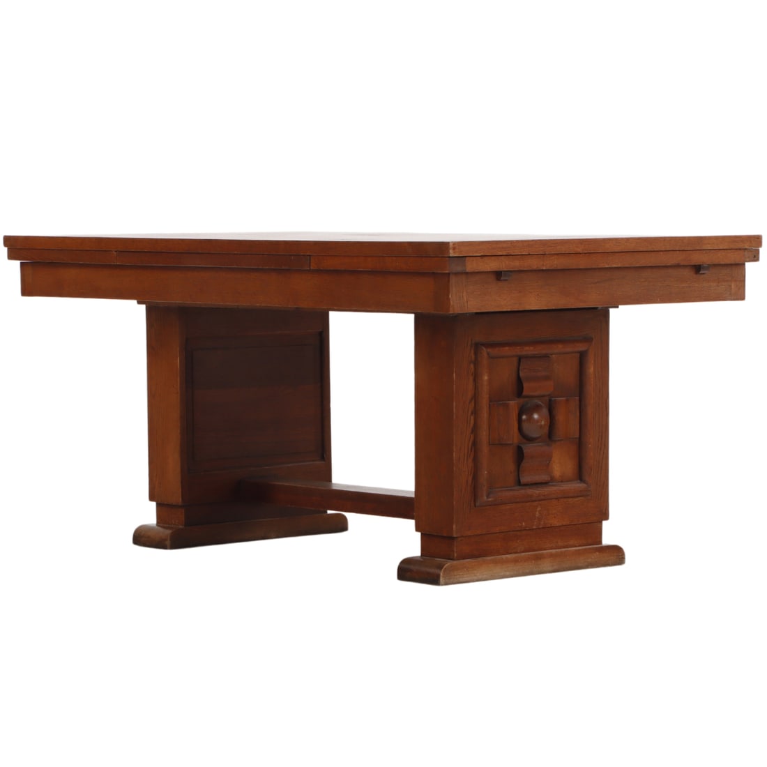 FRENCH OAK DINING TABLE IN THE MANNER OF DUDOUYT C 1940 HAVING PULL OUT ENDS TO SUPPORT LEAVES (1 of 5)