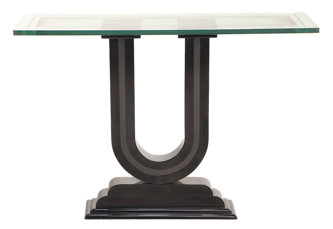 EBONIZED WOOD U SHAPE CONSOLE TABLE WITH DOUBLE THICK GLASS TOP C 1980. (1 of 4)