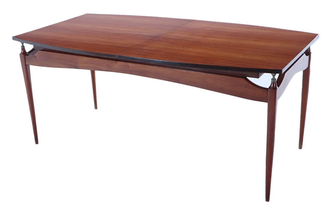 SAPELLE WOOD DINING TABLE HAVING A FLOATING TOP AND CHROMED MOUNTS WITH A LEAF FINISHED ON BOTH: Sapelle wood dining table having a floating top and chromed mounts with a leaf finished on both sides with different woods C 1950. Ht: 30.5" Wd: 70.5" Dpth: 39" Table extends to 84.75" with the additi