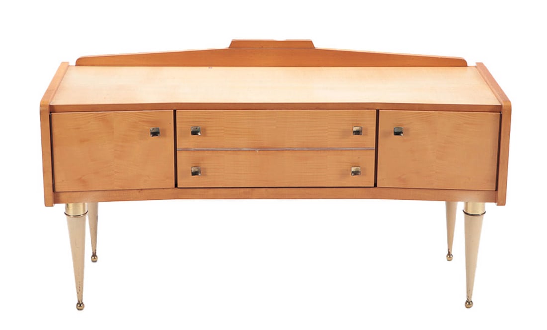 FRENCH SYCAMORE DRESSER WITH PAINTED LEGS AND: French sycamore dresser with painted legs and central fall front compartment in the manner of Andre Arbus C 1950. Ht: 26.5" Wd: 47.5" Dpth: 17.5"