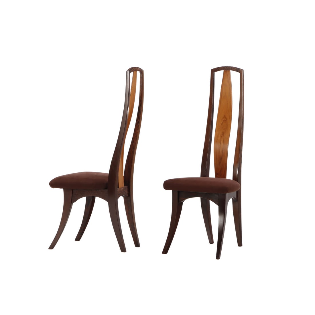 PAIR OF PALM WOOD AND MAHOGANY TALL BACK SIDE CHAIRS, NEW HOPE PA C 1985. SIGNED JEFFREY GREENE.: Pair of palm wood and mahogany tall back side chairs, New Hope PA C 1985. Signed Jeffrey Greene. Ht: 48.75" Wd: 19.25" Dpth: 22.5" Seat: 19.5"