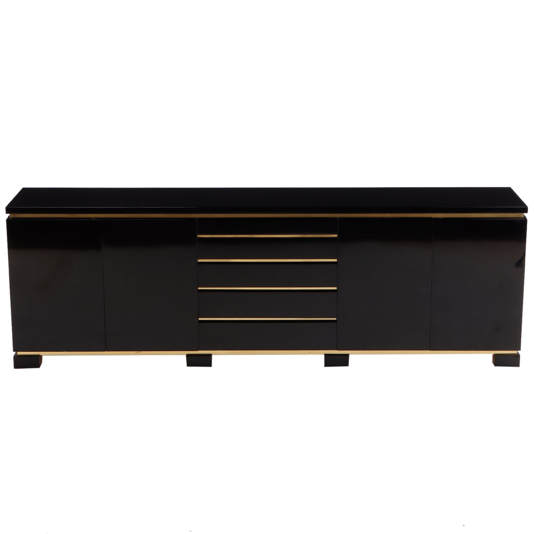 BLACK LACQUERED AND BRASS SIDEBOARD HAVING FOUR DOORS AND FOUR DRAWERS C 1985. (1 of 7)