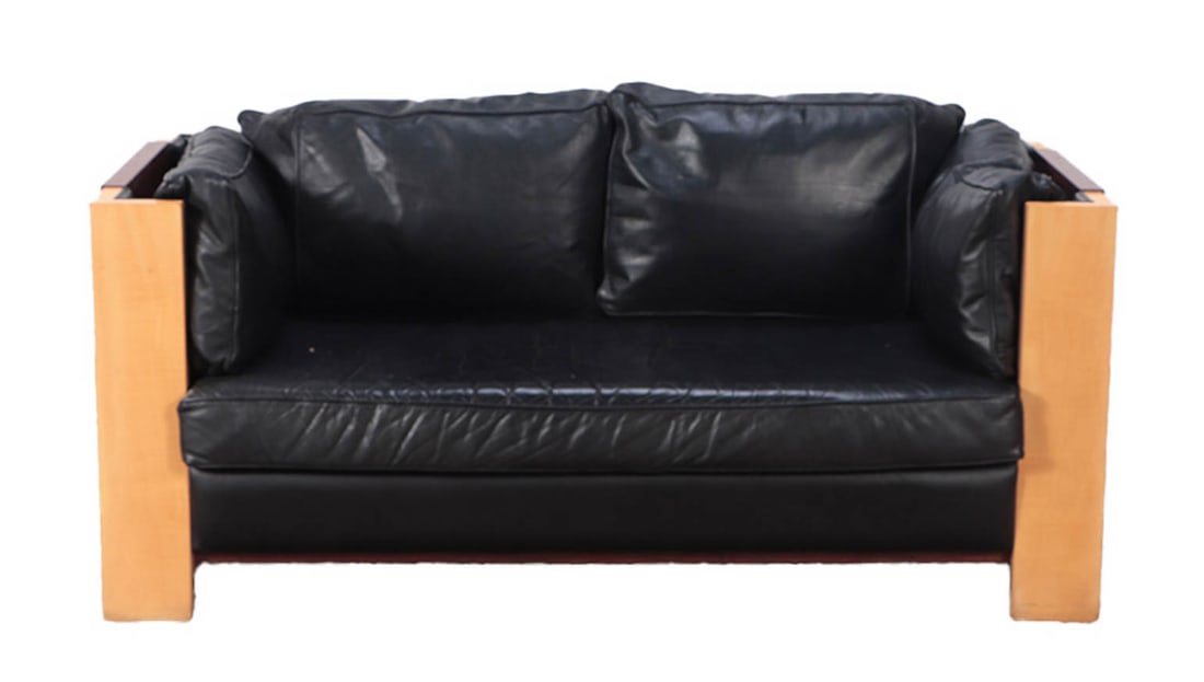 A MAHOGANY AND SYCAMORE SETTEE (1 of 5)