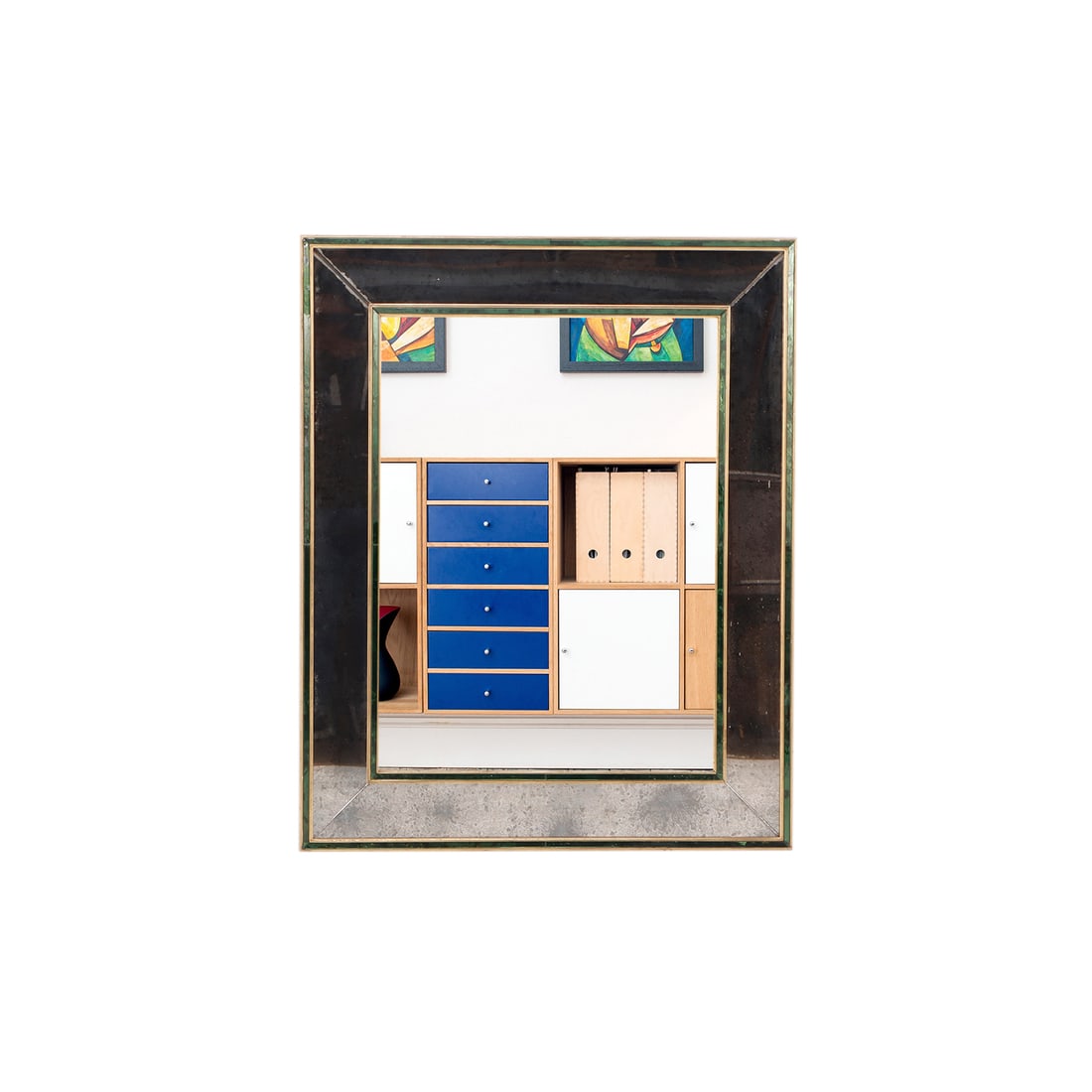 FRENCH MIRROR C 1970 HAVING A MOTTLED MIRRORED BORDER TRIMMED IN GREEN GLASS. (1 of 6)