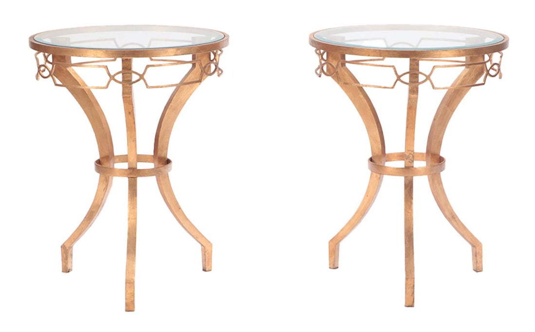 PAIR GILT IRON AND GLASS END TABLES WITH OPEN: Pair gilt iron and glass end tables with open skirt. Ht: 26.75" Wd: 20.75"