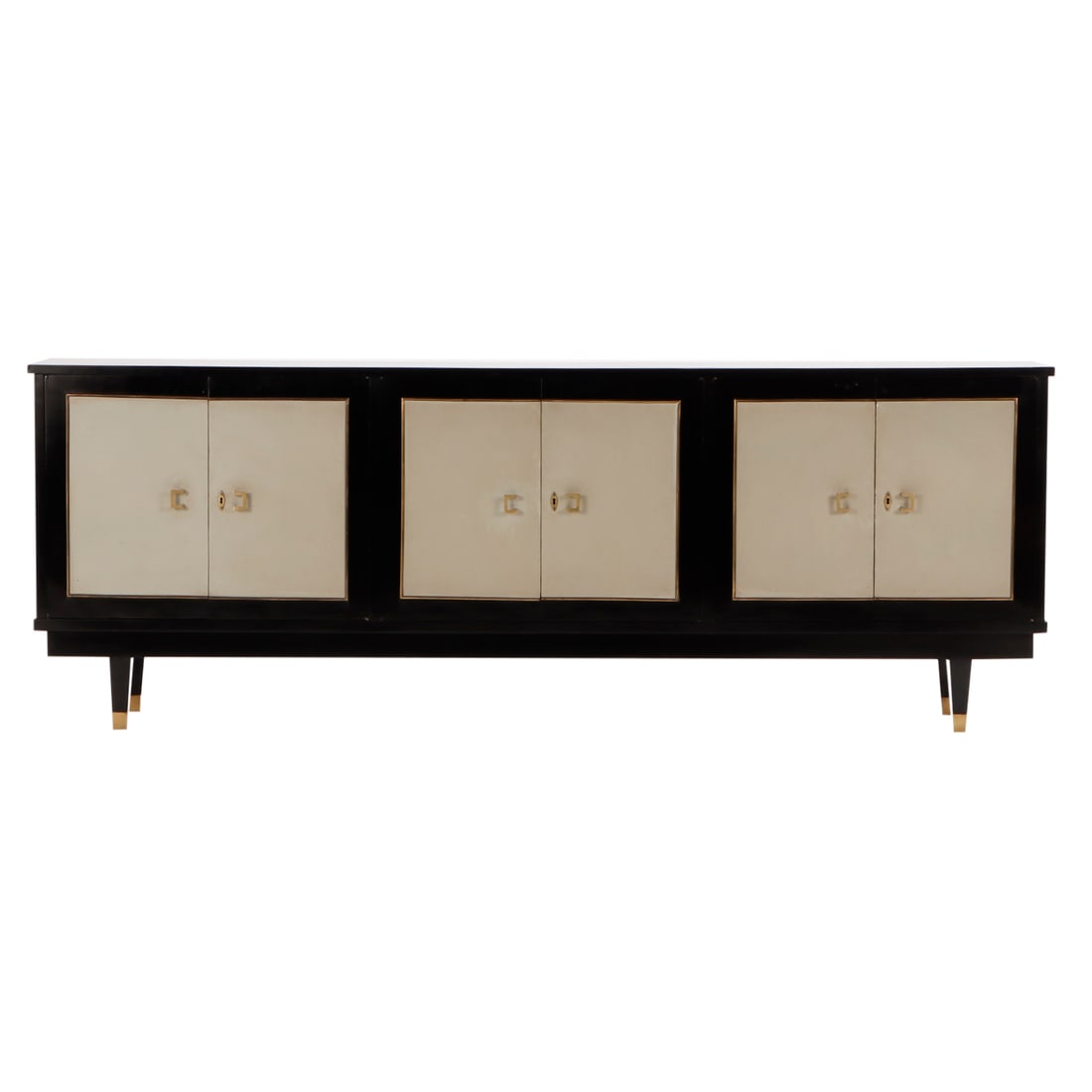 EBONIZED MAHOGANY AND PARCHMENT SIX DOOR SIDEBOARD HAVING A CENTRAL BAR COMPARTMENT AND A (1 of 8)