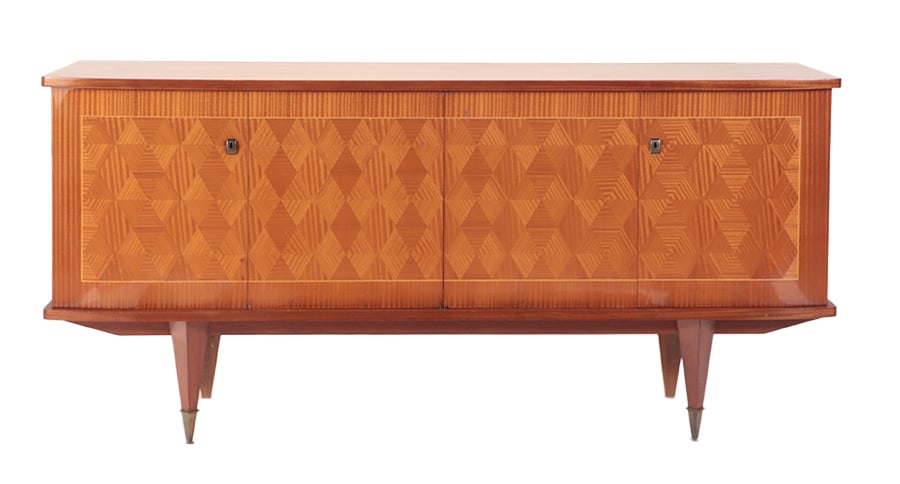 FRENCH FOUR DOOR SIDEBOARD HAVING PARQUET FACE AND A SYCAMORE INTERIOR C 1960.: French four door sideboard having parquet face and a sycamore interior C 1960. Ht: 39" Wd: 80" Dpth: 21.25"