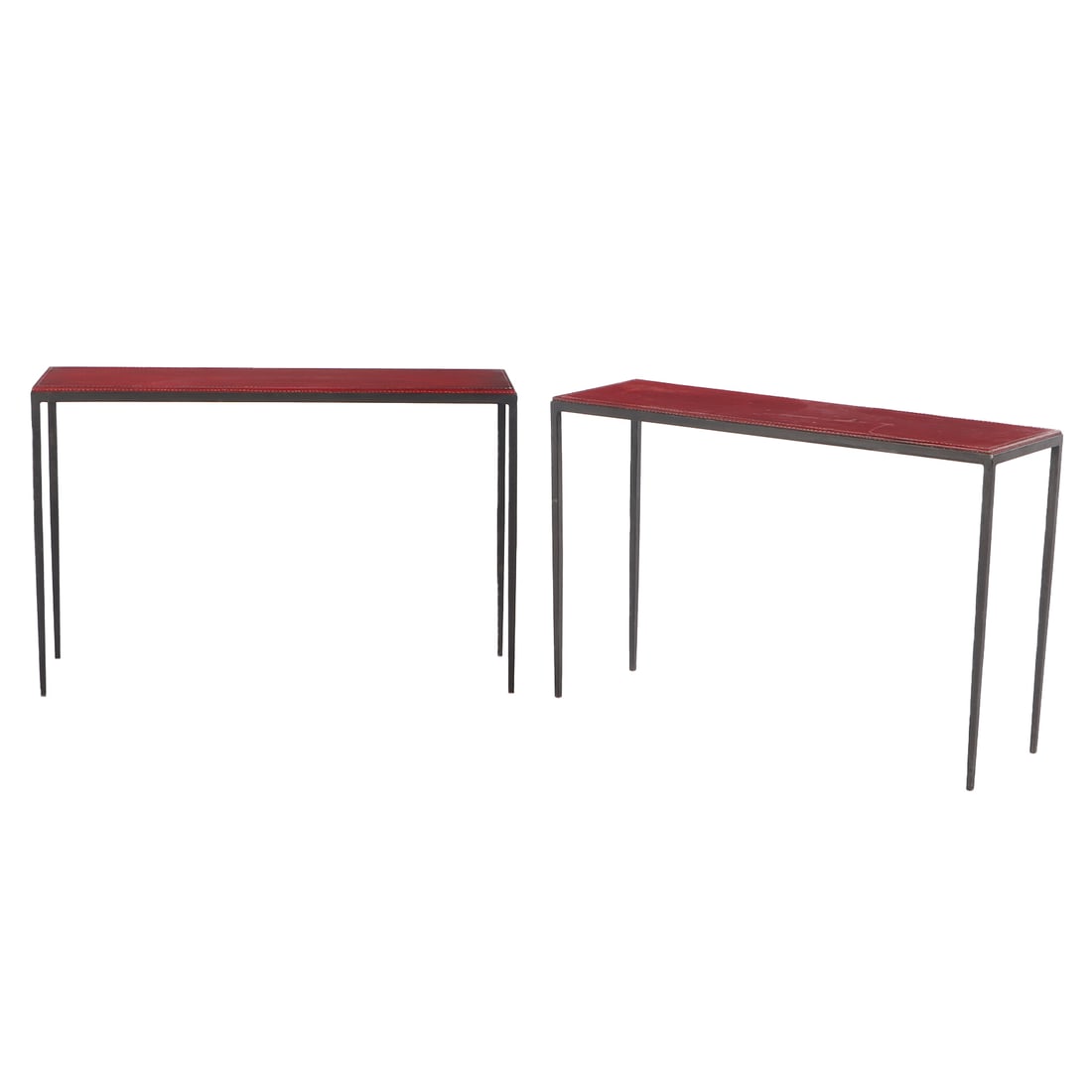 PAIR IRON AND HAND STITCHED LEATHER CONSOLE TABLES IN THE MANNER OF JEAN-MICHEL FRANK.: Pair iron and hand stitched leather console tables in the manner of Jean-Michel frank. Ht: 31" Wd: 47" Dpth: 15"