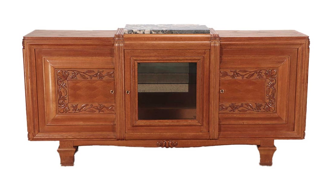 FRENCH OAK ART DECO SIDEBOARD WITH PARTIAL MARBLE TOP (1 of 8)