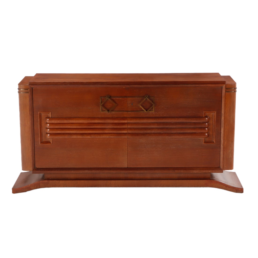 FRENCH BRONZE MOUNTED OAK SIDEBOARD HAVING TWO DOORS FLOATING ON A SHAPED BASE C 1940. (1 of 8)