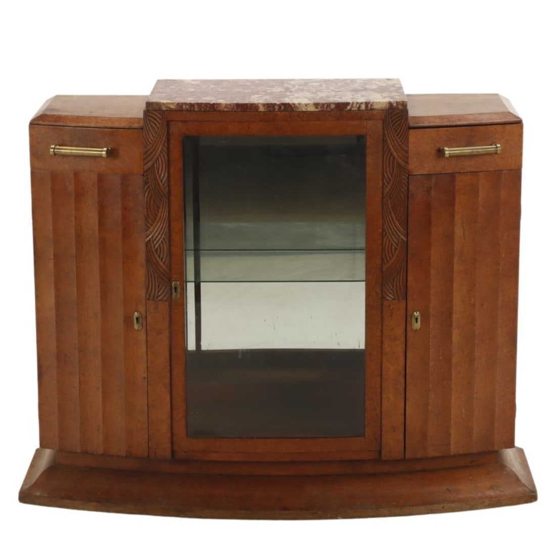FRENCH ART DECO BURL WALNUT SERVER HAVING A MARBLE TOP AND CENTRAL CURIO CABINET WITH BEVELED GLASS (1 of 8)