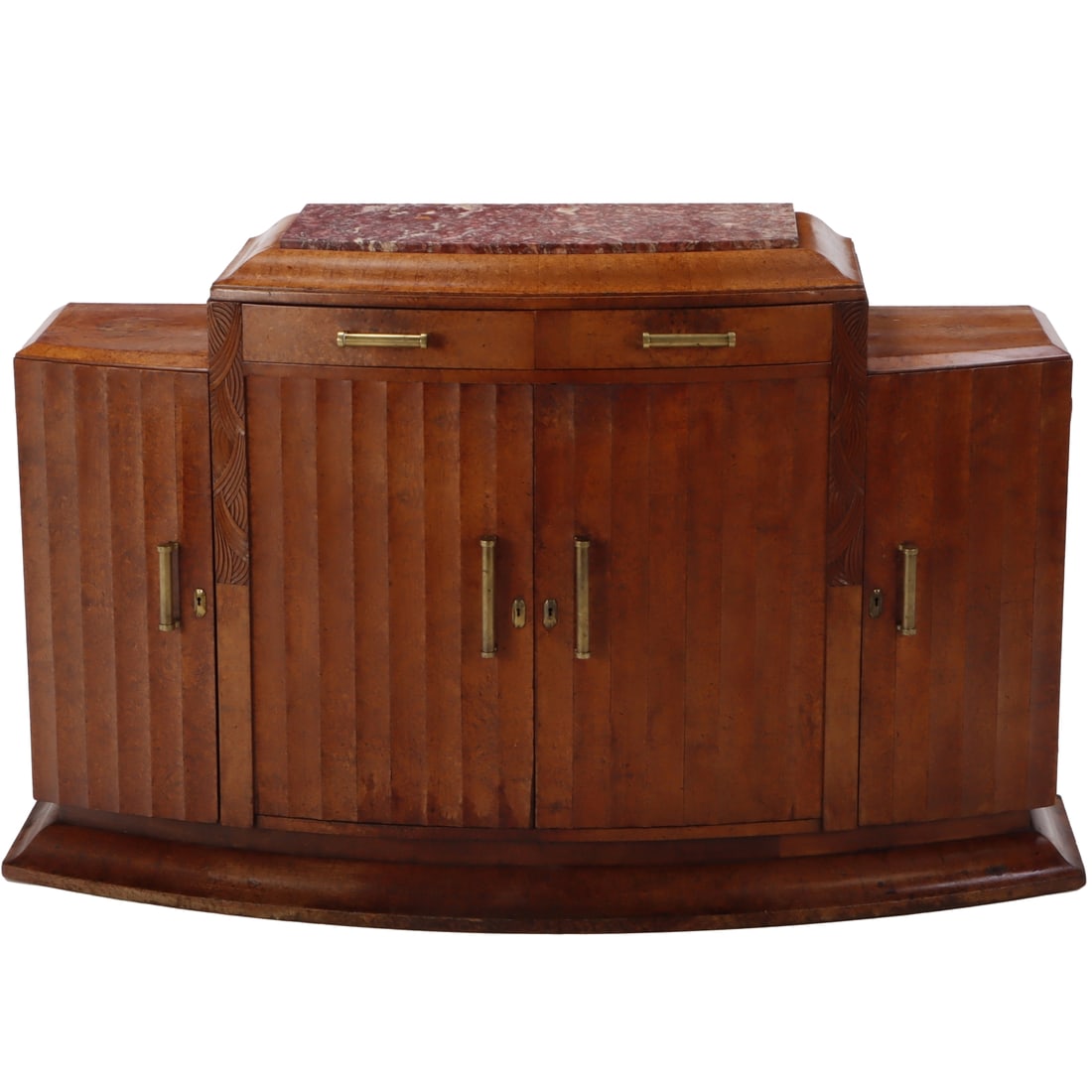 FRENCH ART DECO AMBOYNA AND MARBLE TOP FOUR DOOR SIDEBOARD HAVING CARVED DETAILS C 1930. (1 of 9)