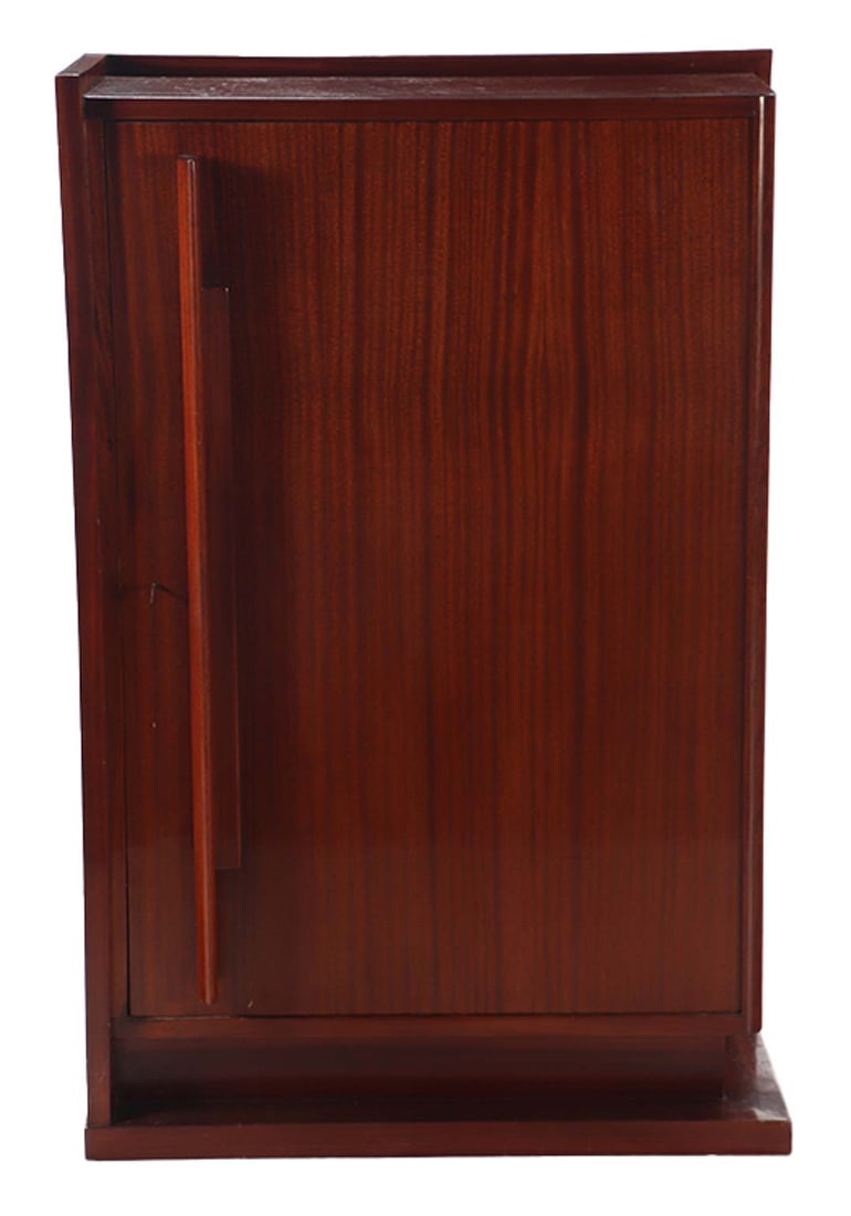 FRENCH MAHOGANY SINGLE DOOR OFFICE CABINET BY ANDRE SORNAY C 1930: French mahogany single door office cabinet by Andre Sornay C 1930. Ht: 51" Wd: 33.25" Dpth: 16.5"