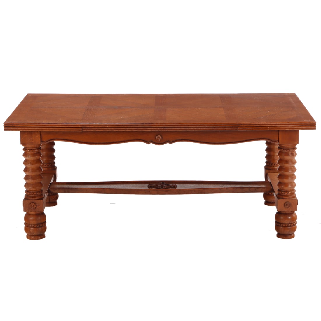 FRENCH OAK DINING TABLE IN THE MANNER OF DUDOUYT HAVING PULL OUT LEAVES AND TURNED LEGS C 1940. (1 of 6)