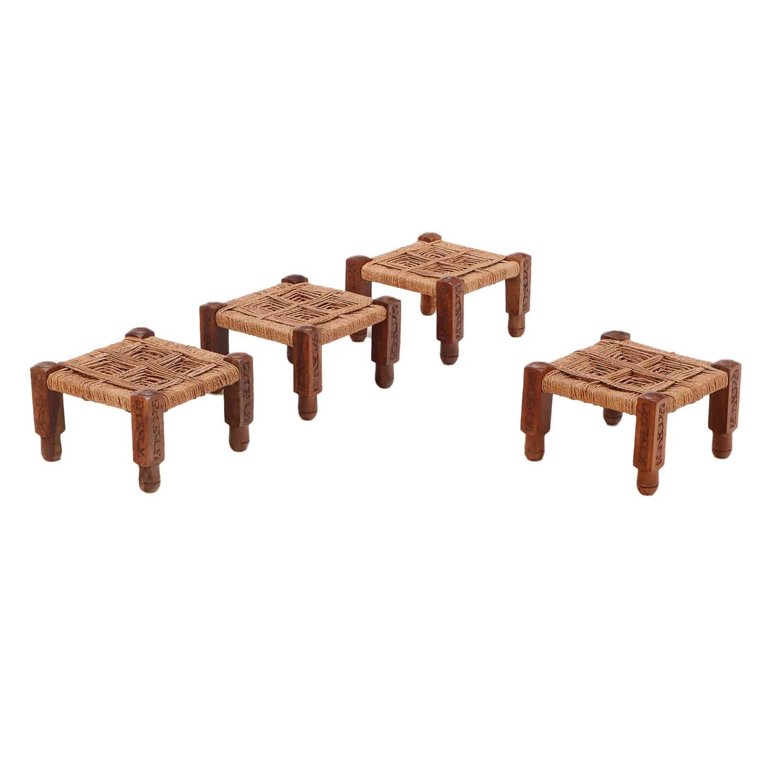 FOUR CARVED WOOD AND CORD STOOLS C 1950. (1 of 5)