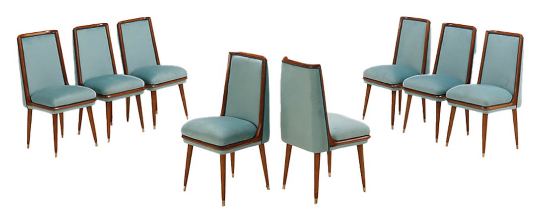 EIGHT WALNUT DINING CHAIRS C 1960 WITH NEW FABRIC. (1 of 6)