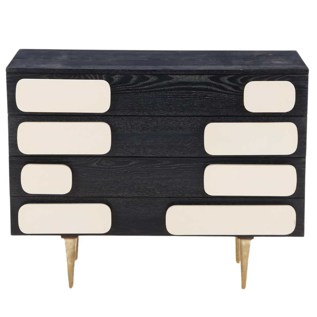 A DARK CERUSED OAK FOUR DRAWER DRESSER IN THE MANNER OF GIO PONTI HAVING LACQUERED HANDLES AND (1 of 5)