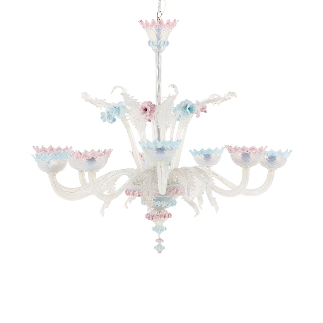 LARGE ITALIAN VENETIAN GLASS CHANDELIER HAVING EIGHT ARMS DONE IN PALE SHADES OF PINK, BLUE AND (1 of 8)