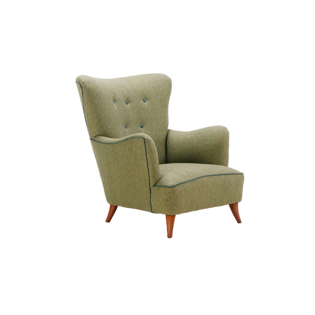 UPHOLSTERED LOUNGE CHAIR IN THE MANNER OF PAOLA BUFFA C 1950 WITH NEW FABRIC.: Upholstered lounge chair in the manner of Paola Buffa C 1950 with new fabric. Ht: 33.75" Wd: 31.25" Dpth: 34.5" Seat: 22"