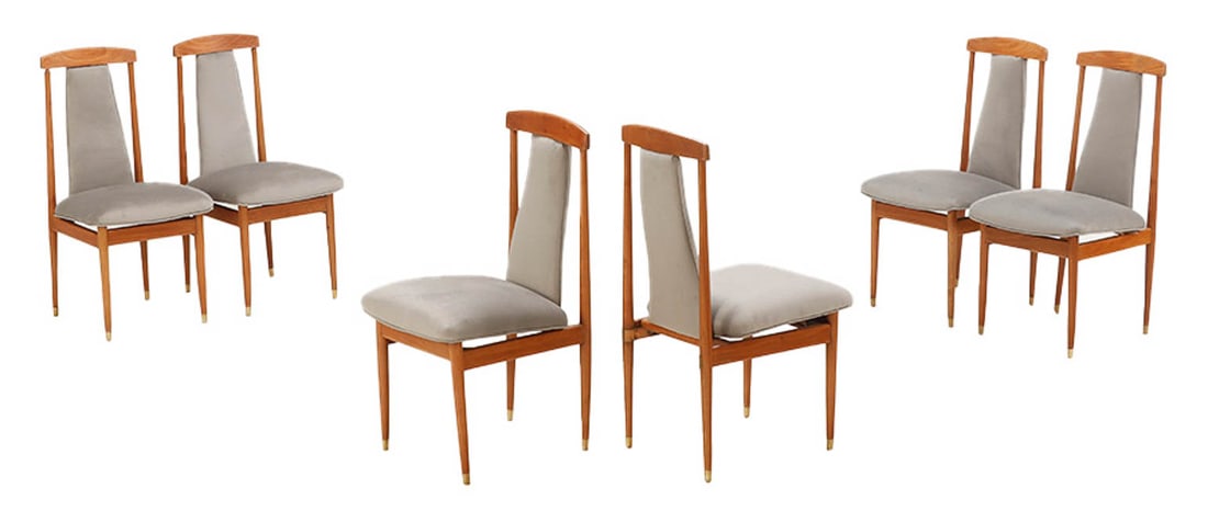 SIX UPHOLSTERED DINING CHAIRS WITH NEW FABRIC C 1950. (1 of 6)