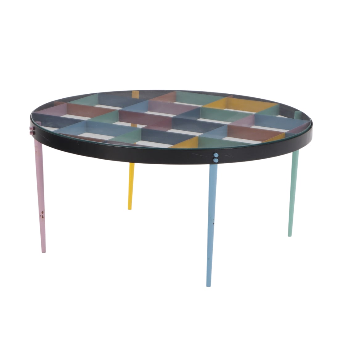A GLASS TOP IRON COFFEE TABLE WITH MULTI-COLOR PAINT IN THE MANNER OF GIO PONTI. (1 of 7)