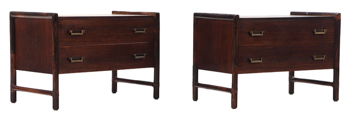 OAK, BRASS AND RATTAN END TABLES BY MCGUIRE.