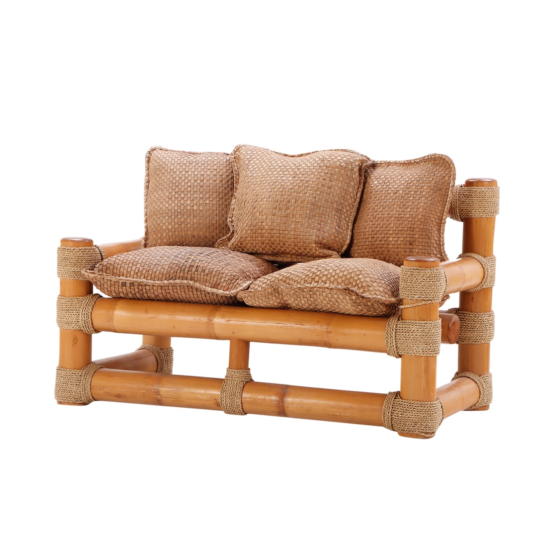 BAMBOO SETTEE HAVING LARGE SCALE CONSTRUCTION AND LOOSE CUSHION UPHOLSTERY.: Bamboo settee having large scale construction and loose cushion upholstery. Ht: 34" Wd: 56" Dpth: 31" Seat: 20"