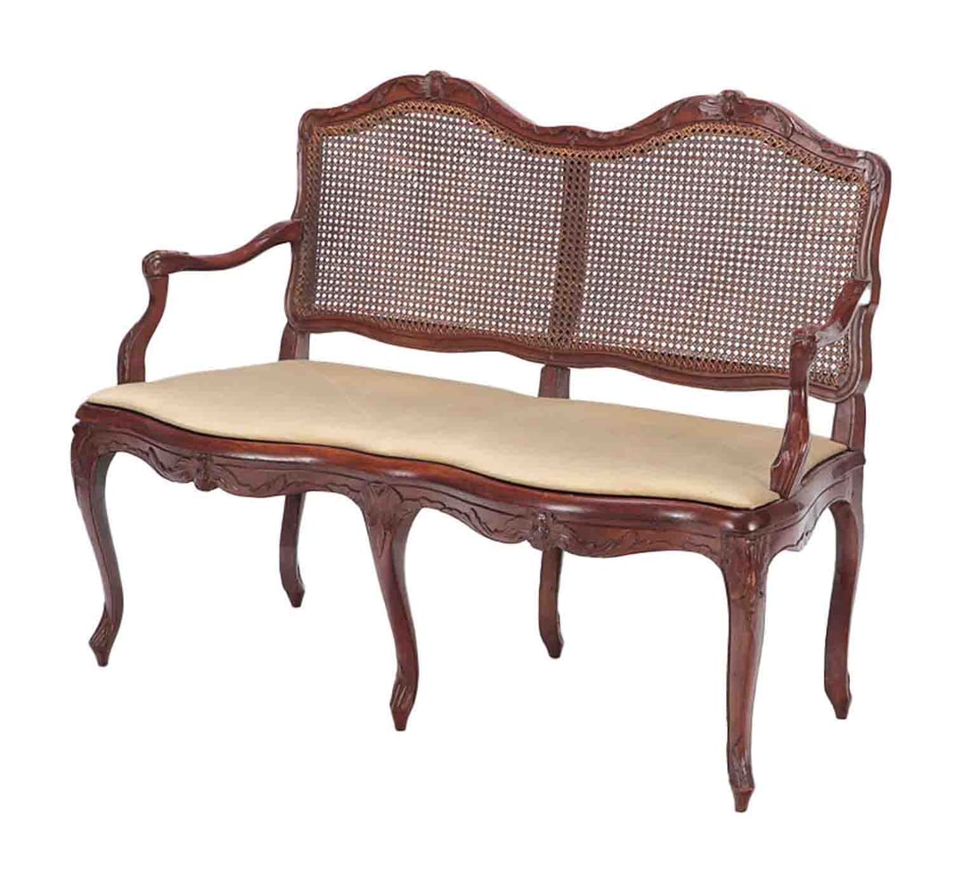 FRENCH WALNUT AND CANE OPEN ARM SETTEE C 1840. (1 of 9)