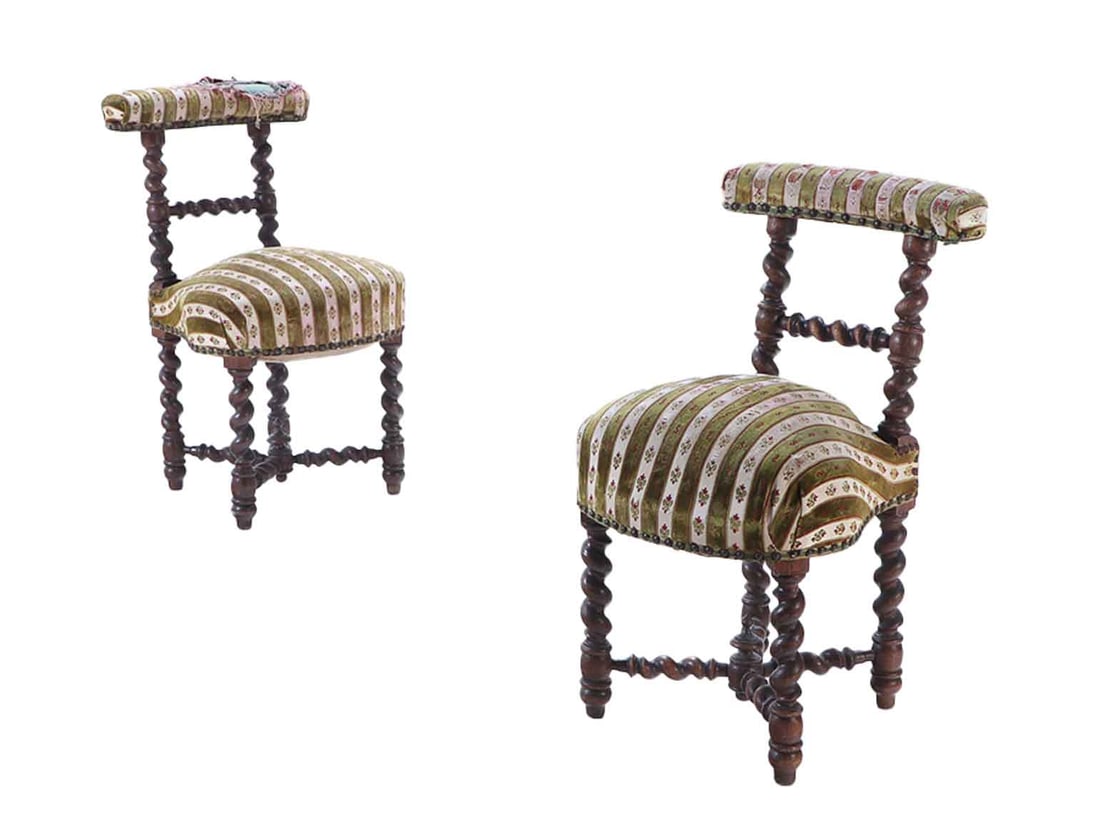 PAIR CONTINENTAL TWISTED OAK BOUDOIR CHAIRS C 1870.: Pair Continental twisted oak boudoir chairs C 1870. Ht: 30" Wd: 17" Dpth: 20.5" Seat: 18.5"