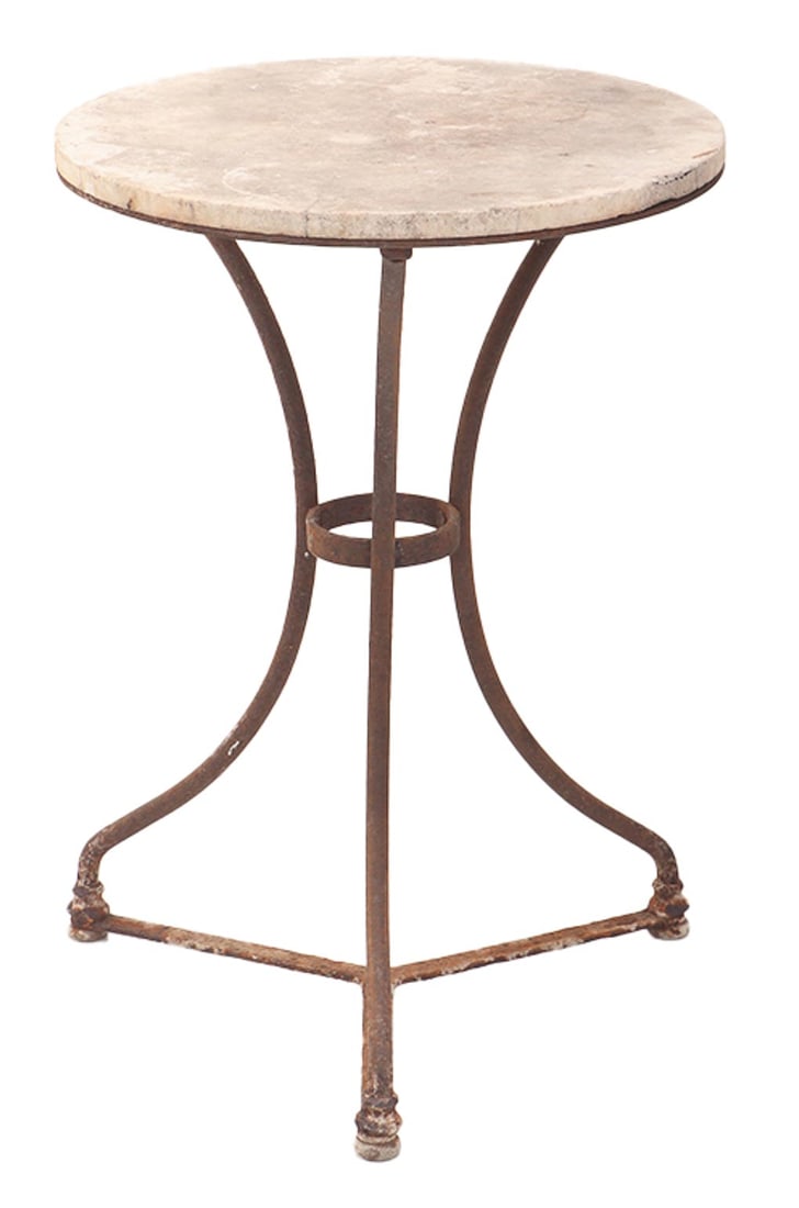 PETITE FRENCH WROUGHT IRON GARDEN TABLE WITH MARBLE TOP C 1910. (1 of 6)