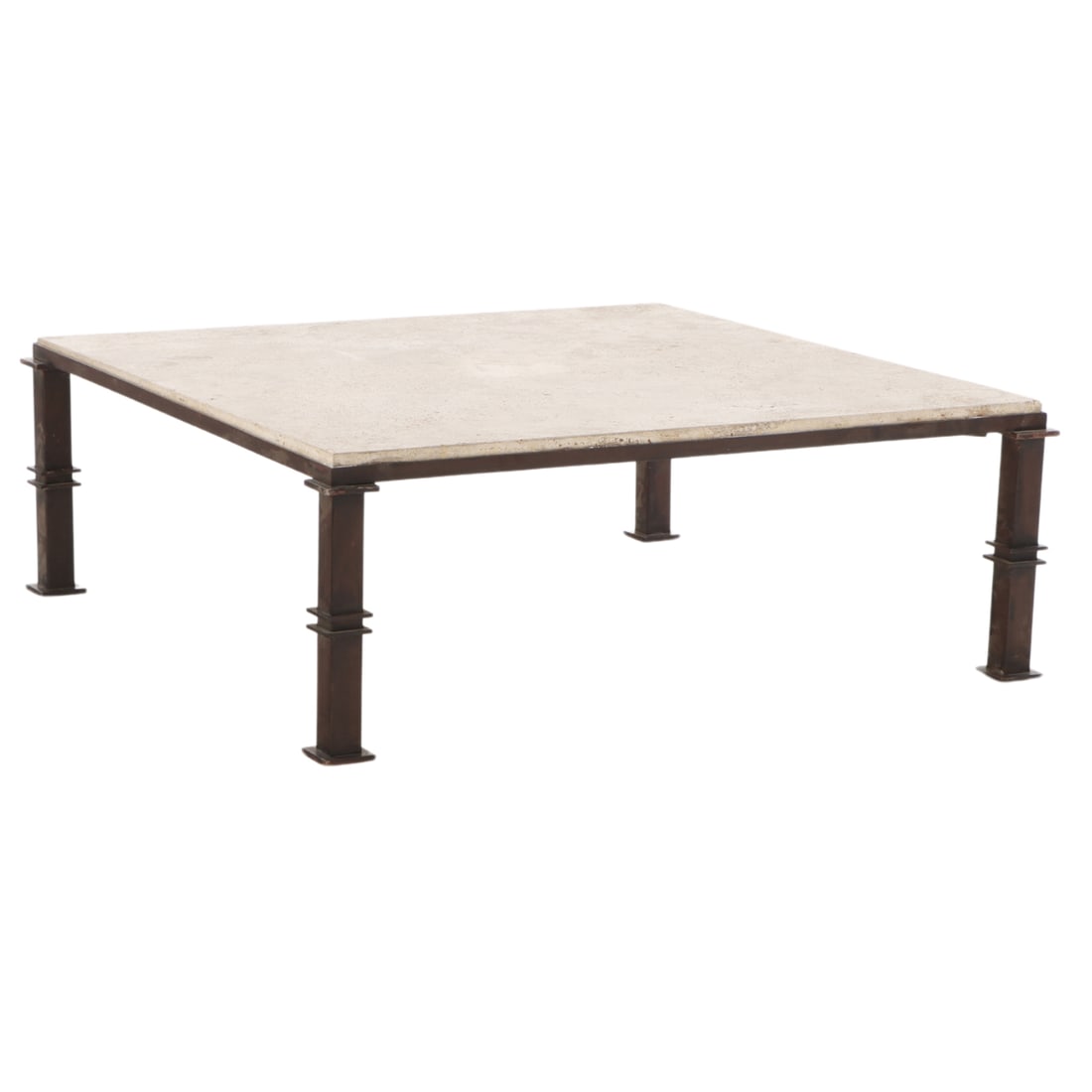 LARGE MODERNIST IRON COFFEE TABLE HAVING A TRAVERTINE TOP C 1980. (1 of 5)