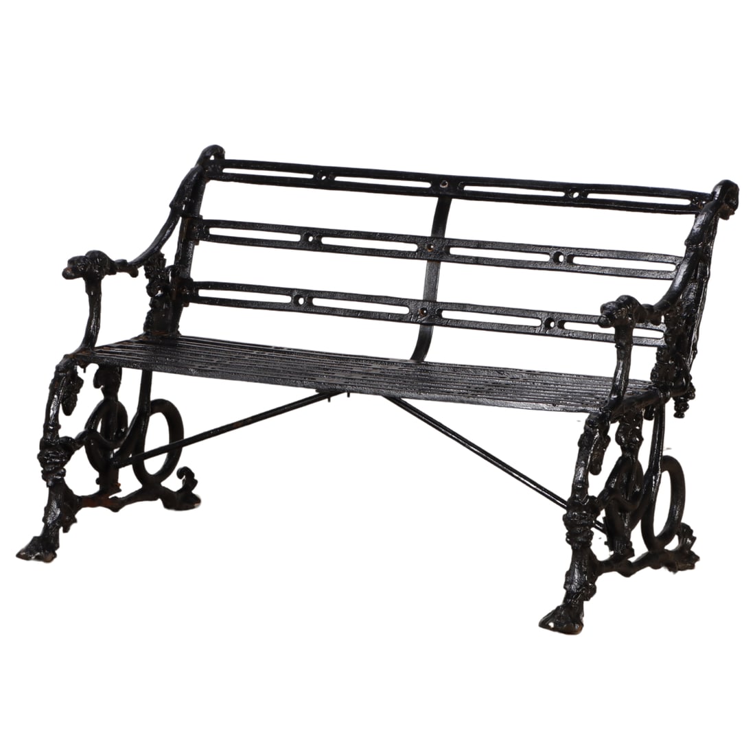 PAINTED CAST IRON GARDEN BENCH HAVING DOG HEAD TERMINALS AND A BASE DEPICTING A SNAKE. (1 of 7)