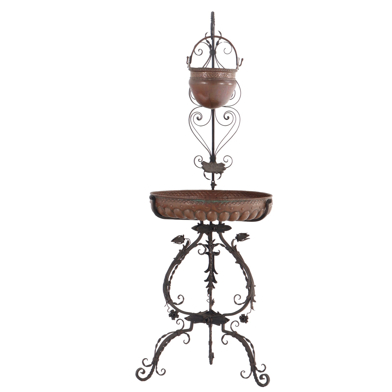 A NINETEENTH CENTURY ITALIAN WROUGHT IRON LAVABO OR PLANT STAND HAVING COPPER BASINS AND FLOWER (1 of 9)