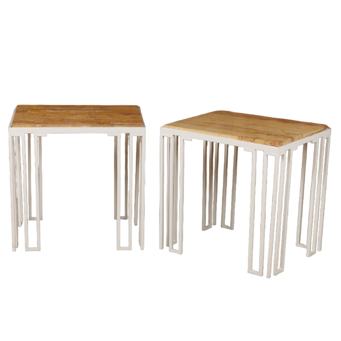 PAIR OF MODERNIST PAINTED WHITE MARPLE TOP TABLES. (1 of 5)