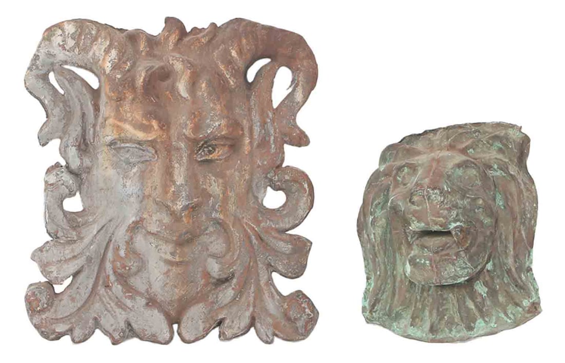 TWO METAL ARCHITECTURAL ELEMENTS INCLUDING 16" X 14" TIN SATYR MASK AND 10.5" X 8.75" COPPER LION (1 of 6)