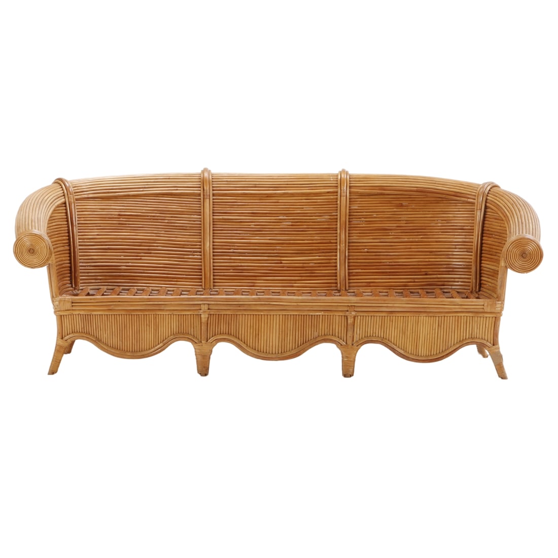 FRENCH RATTAN SOFA WITH ROLLED ARM C 1975. (1 of 8)