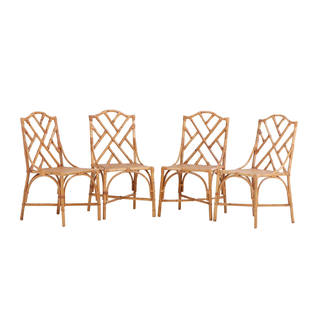 FOUR FRENCH RATTAN CHIPPENDALE STYLE SIDE CHAIRS C 1960. (1 of 8)
