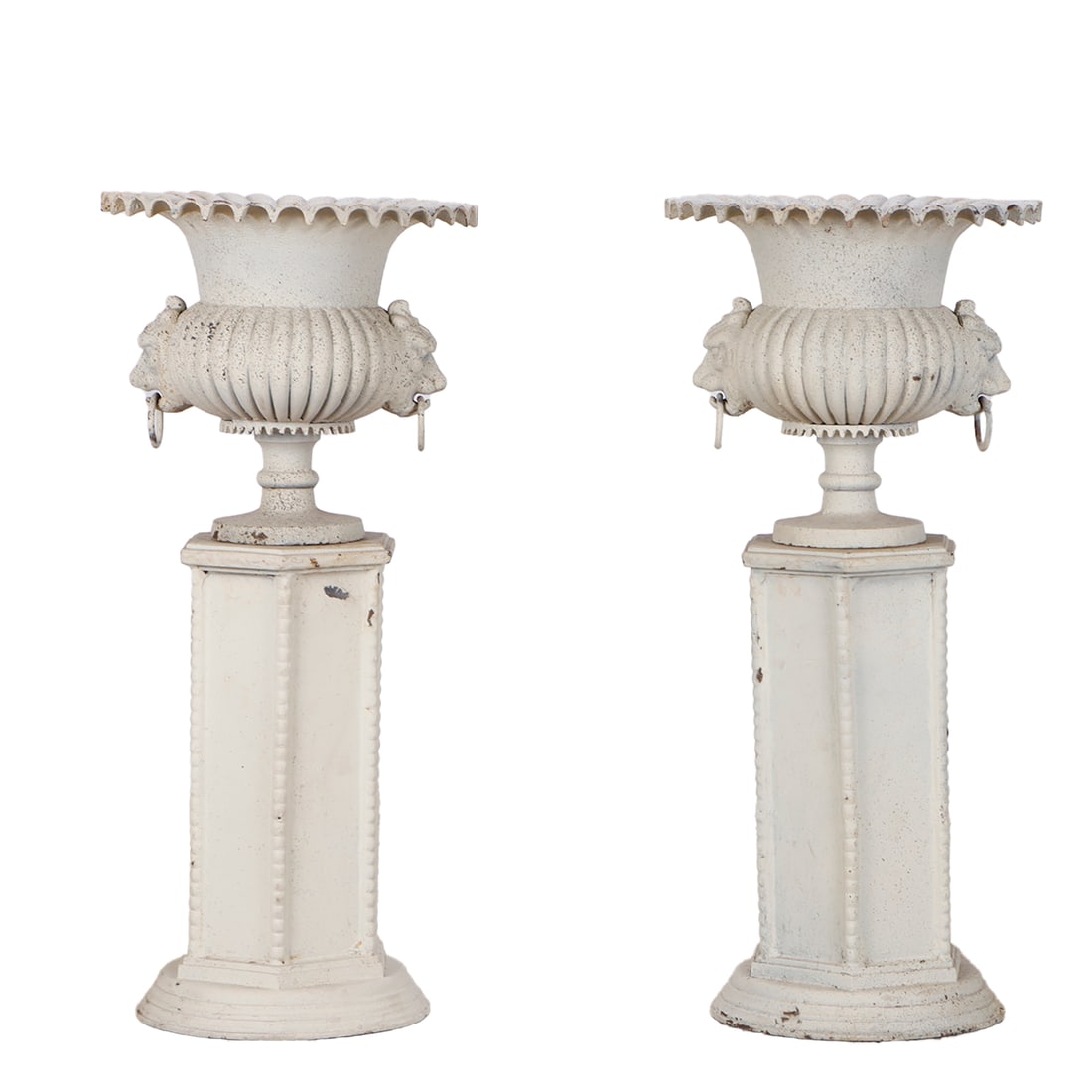 PAIR OF "WOODBURY" CAST IRON GARDEN URNS ON SEPARATE SIX SIDED PLINTH. (1 of 5)