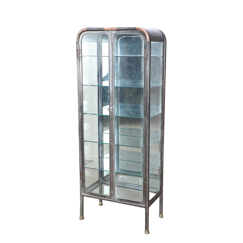 TWO DOOR IRON VITRINE HAVING MIRROR BACK AND GLASS SHELVES C 1920 (1 of 7)