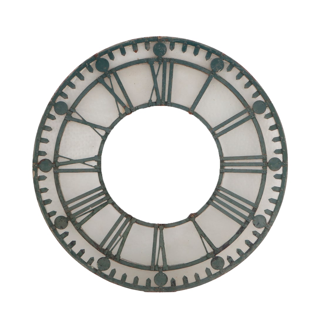 PAINTED IRON CLOCK FACE WITH ROMAN NUMERALS C 1900. (1 of 8)