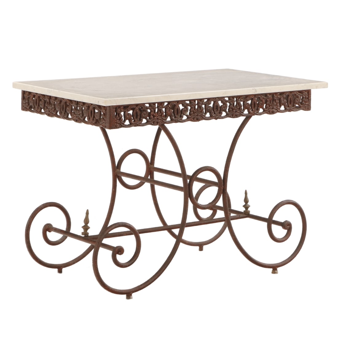 IRON MARBLE TOP BAKERS TABLE  WITH SCROLL DESIGN. (1 of 7)