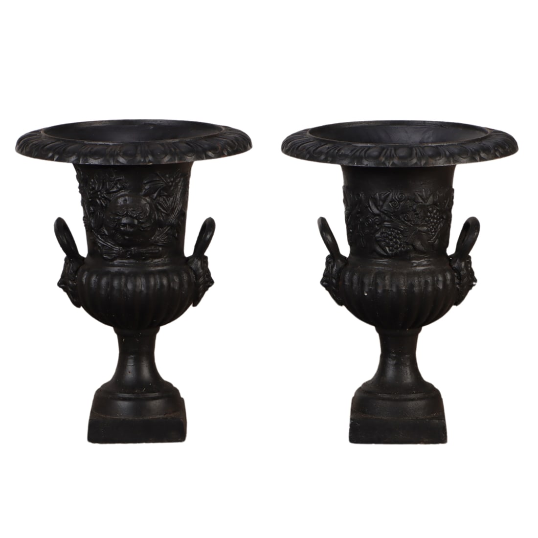 PAIR CAST IRON CAMPAGNA FORM GARDEN URNS WITH LION MASKS AND HANDLES. (1 of 5)