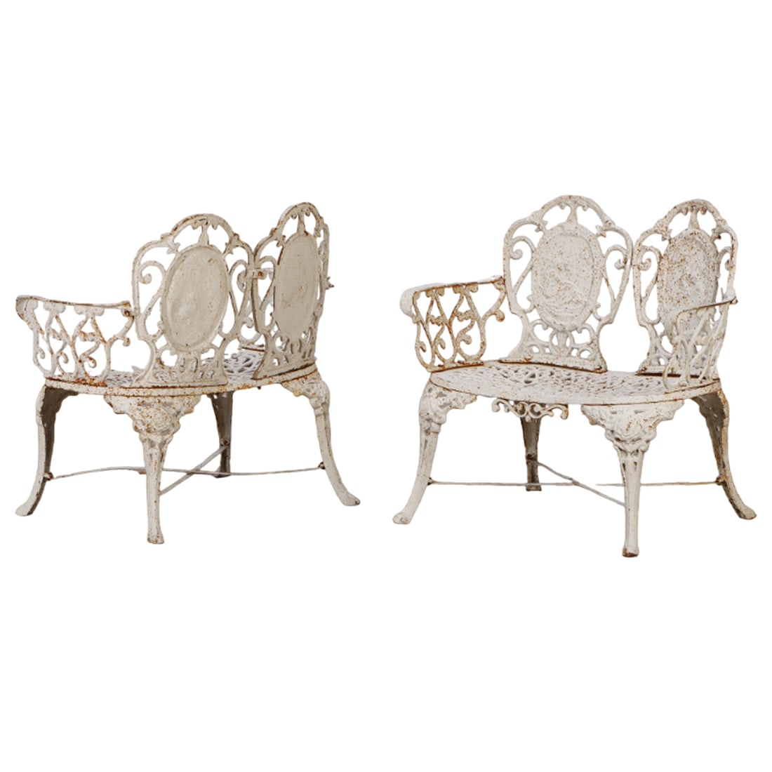 PAIR OF CAST IRON GARDEN BENCHES WITH DOUBLE CAMEO BACKS. (1 of 8)