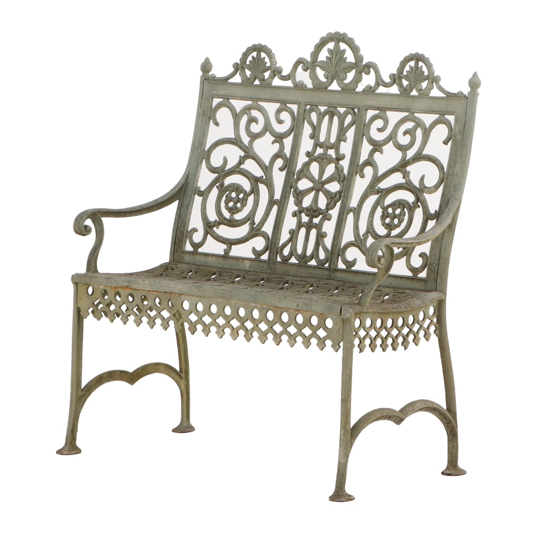 CAST IRON GARDEN BENCH WITH OPEN ARMS AND OPEN WORK BACK C 1900.: Cast iron garden bench with open arms and open work back C 1900. Ht: 38.5" Wd: 35" Dpth: 16" Seat: 17"